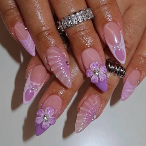 a set of 24 almond shaped false nails sweet three dimensional flowers exquisite sparkling pearls fresh suitable for and the box a nail file and jelly for easy application and wearing