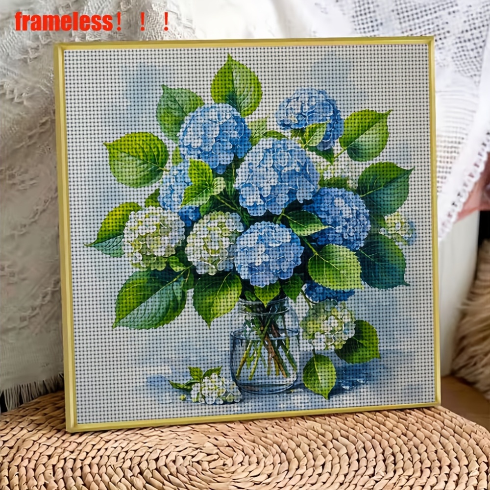 Cross Stitch Printed Kit, Blue And White Hydrangea Vase