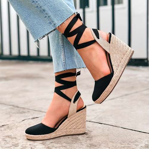 Platform Closed Toe Sandals For Women 2025 Dressy Summer, Women's Elastic Ankle Strap Espadrille Wedge Sandals Platform Lace Up Casual Shoes( Black