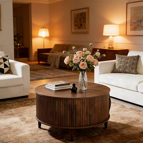round coffee table with sliding cabinet door and storage century modern fluted center table 31 69 rustic wood 2 tier desktop for living room durable and space saving home furniture easy assembly