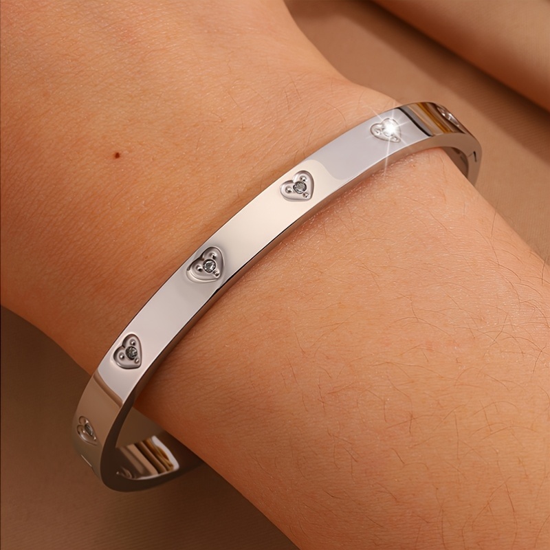 2pc Women's Open Rectangular Links & Silvery Heart Band Bracelet Set