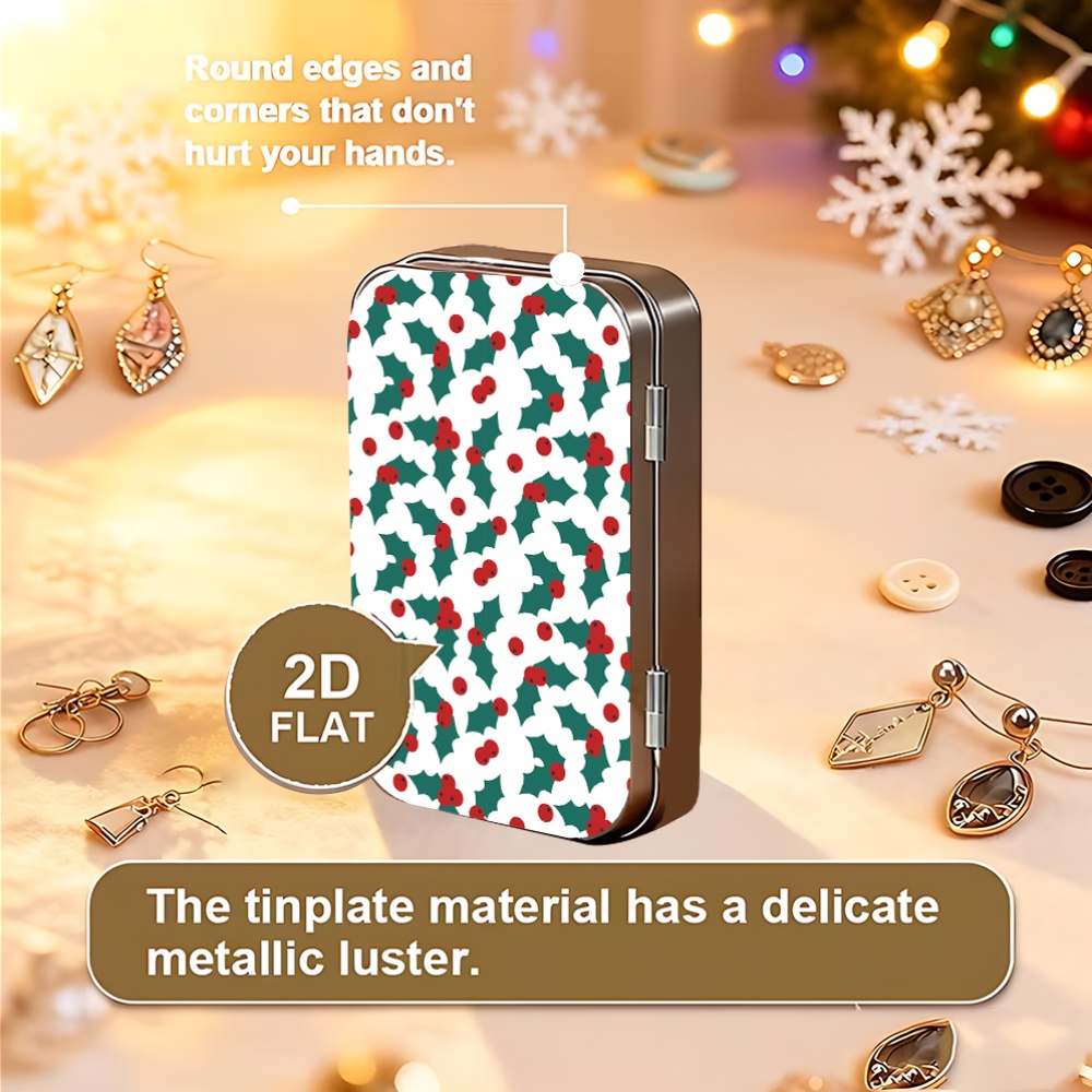 Metal Hinged Tin Box with Festive Holly Print, Mini Storage Case