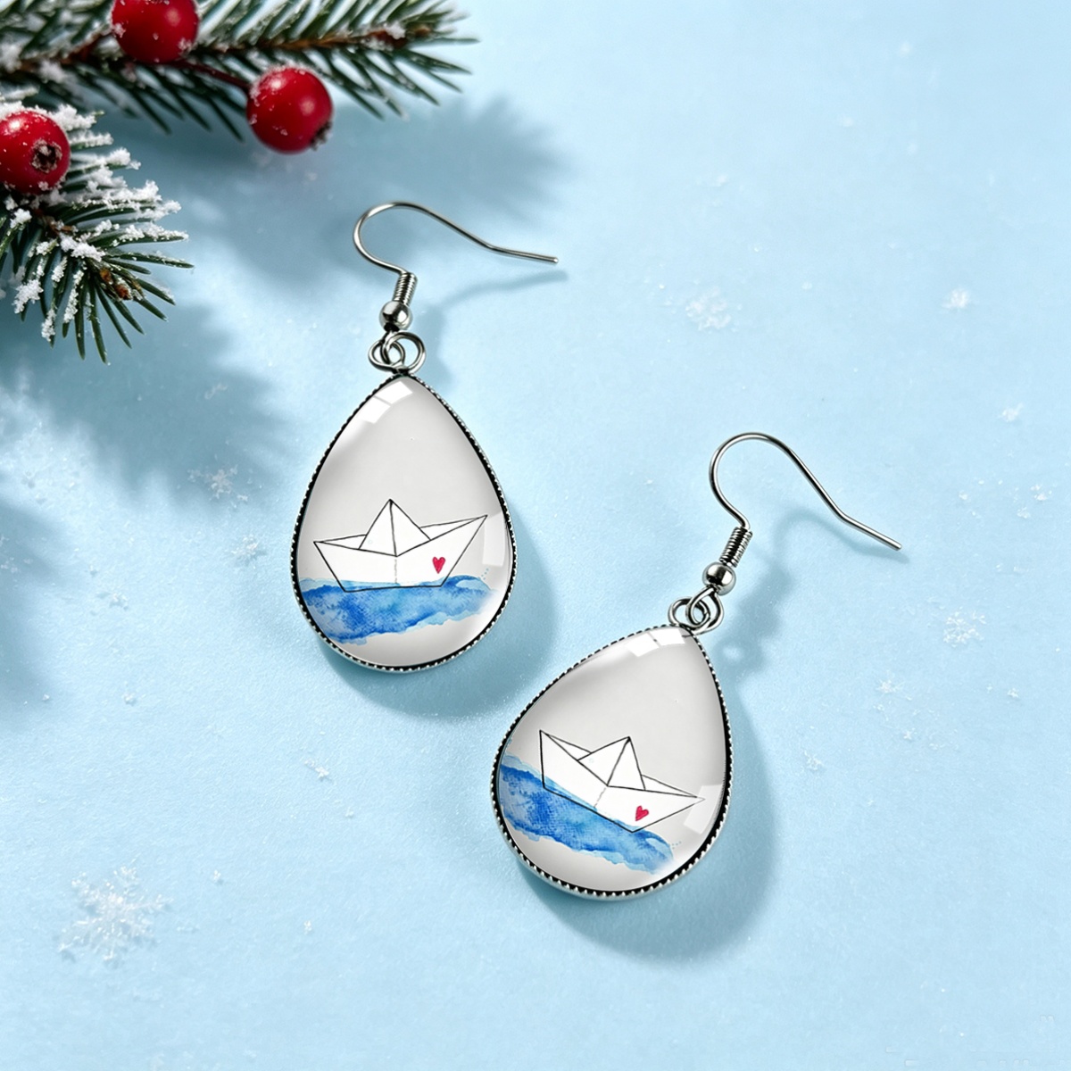 Water Droplet Pendant Stainless Steel Earrings, Fresh Ocean Style