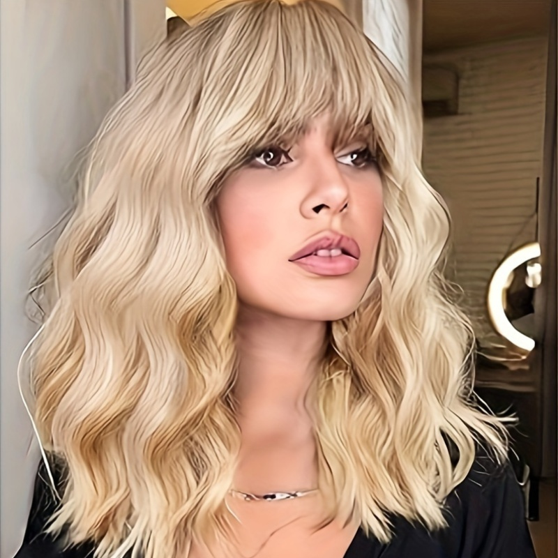 

Elegant Shoulder-length Blonde Wig With Bangs For Women - Loose Wave Synthetic Hair, Fiber, 200% Density Cap, Fluffy Bob Wig For , Halloween, Christmas Costume