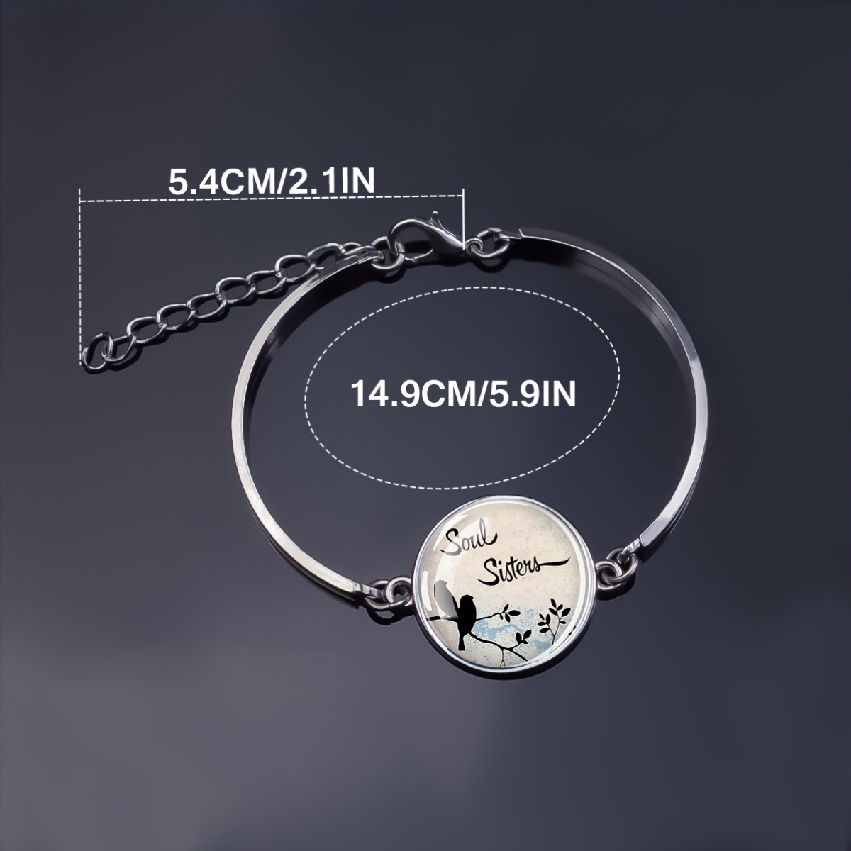 Glass Dome Bracelet with "Soul Sisters" Script and Bird Design