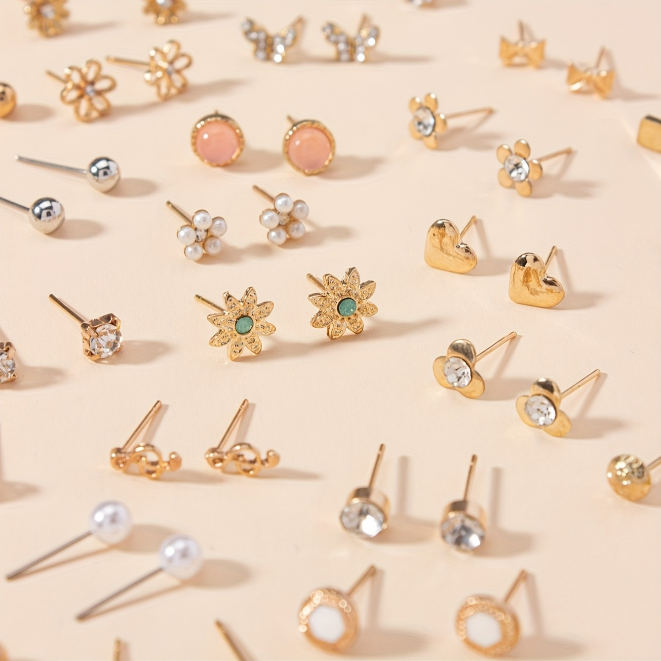 60pcs Women's Cute Stud Earrings Set, Floral & Heart Designs