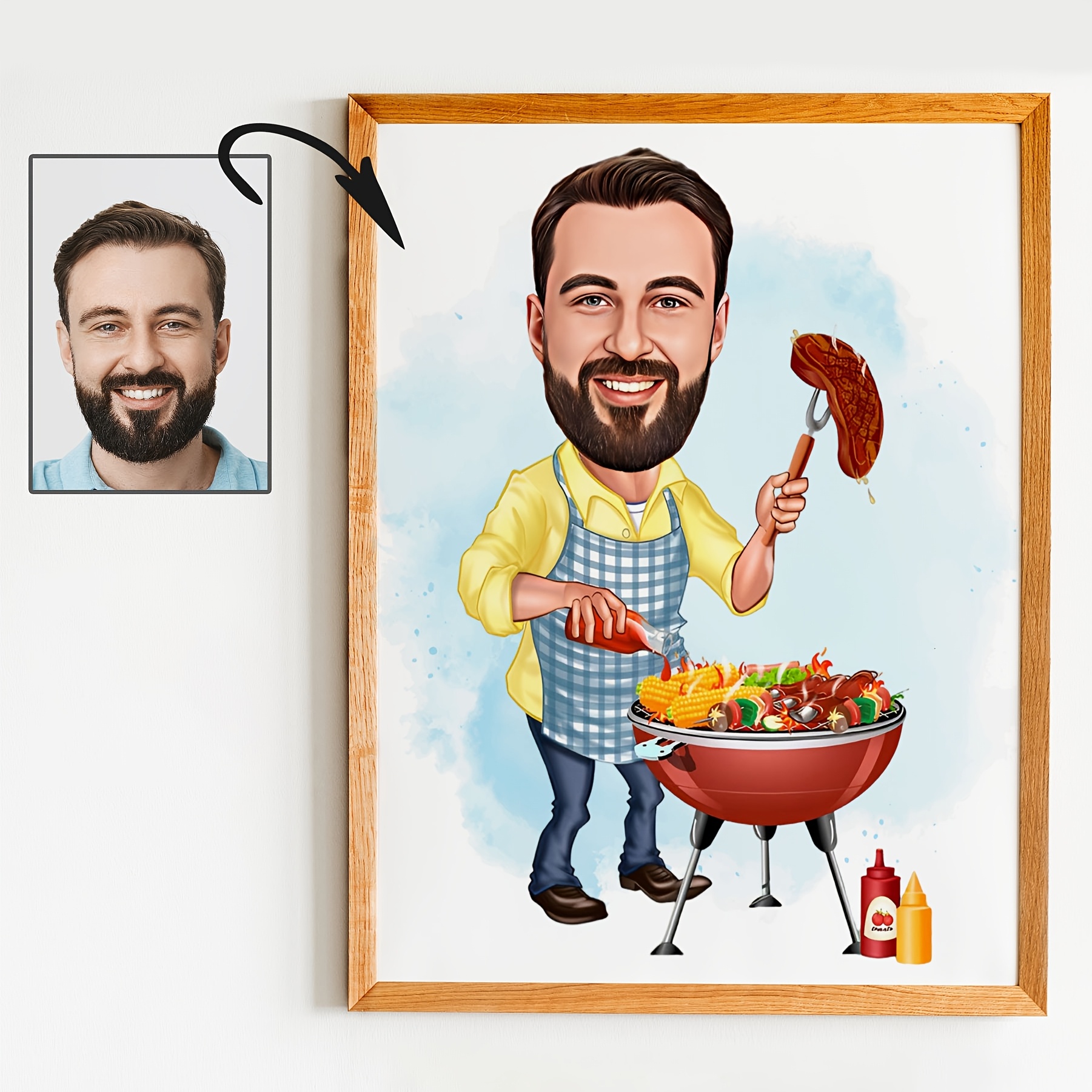 Personalizirana po narejena BBQ žar portret - Bradati moški za žar z BBQ in pomfri - Ime/Besedilo/Tisk na platnu - Smešno in za moško stensk