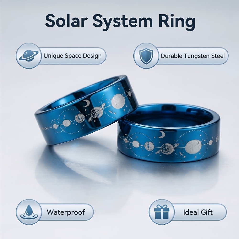 Engraved Blue Tungsten Carbide Cosmic Planet Wedding Band