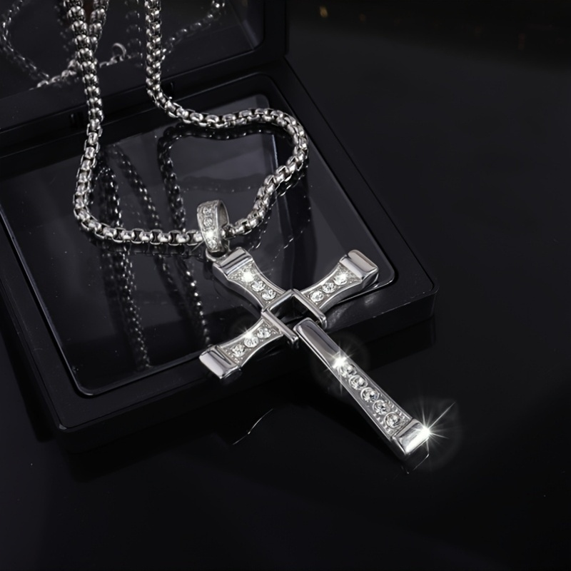 Image of Men's 304 Stainless Steel Cross Pendant Necklace With Sparkling Gemstones - Style Jewelry, Suitable For Casual Wear And, Durable And Rust-resistant Design, Cross Necklace, Men's Chain