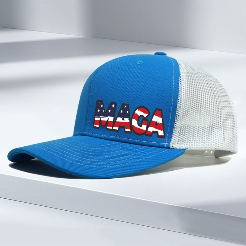 

Casual Cotton-polyester Blend Baseball Cap With American Flag "maga" Print, Mesh Trucker Hat For Outdoor Sun Protection - Breathable & Comfortable