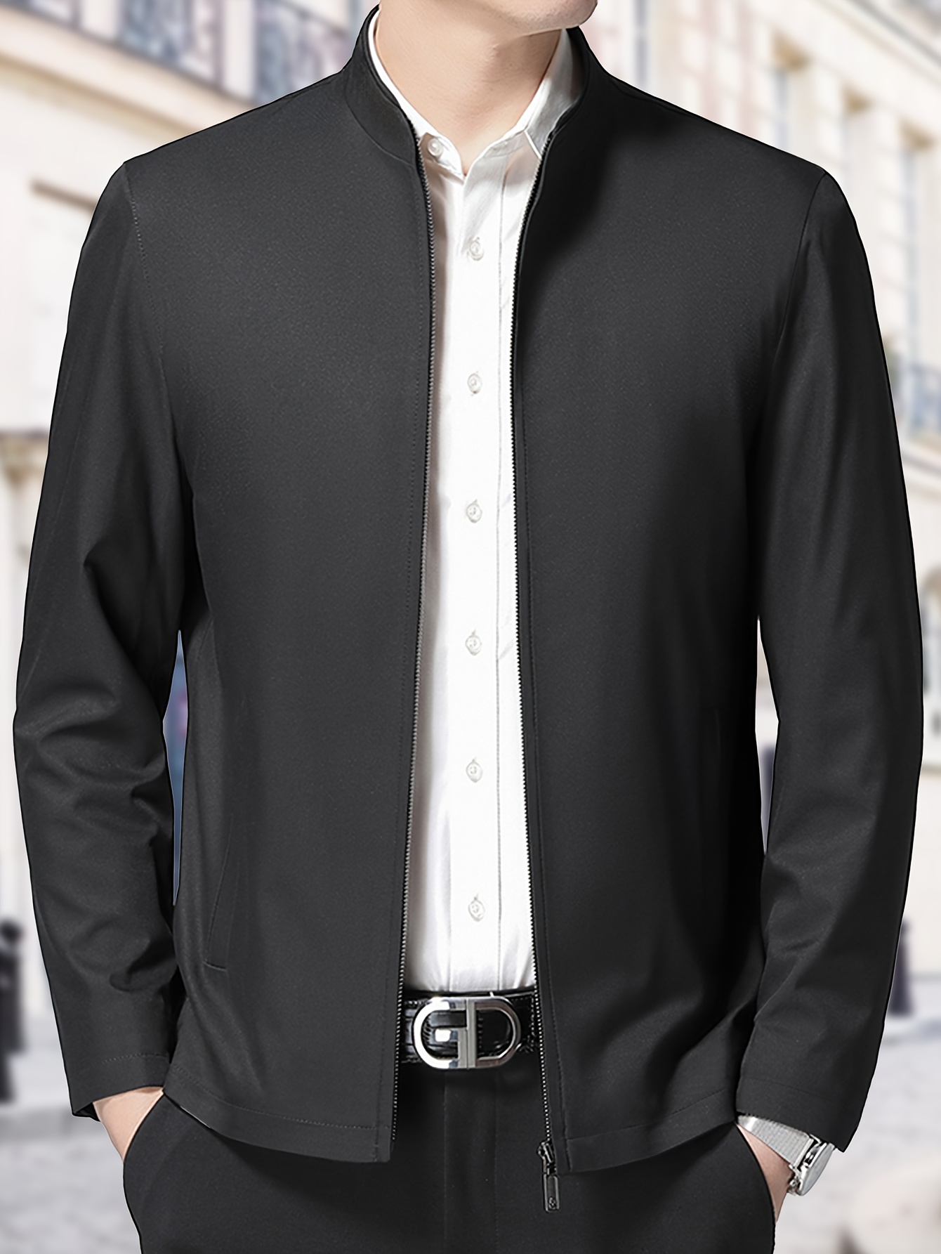 Jacket Pria Minimalist Stand Collar Hitam