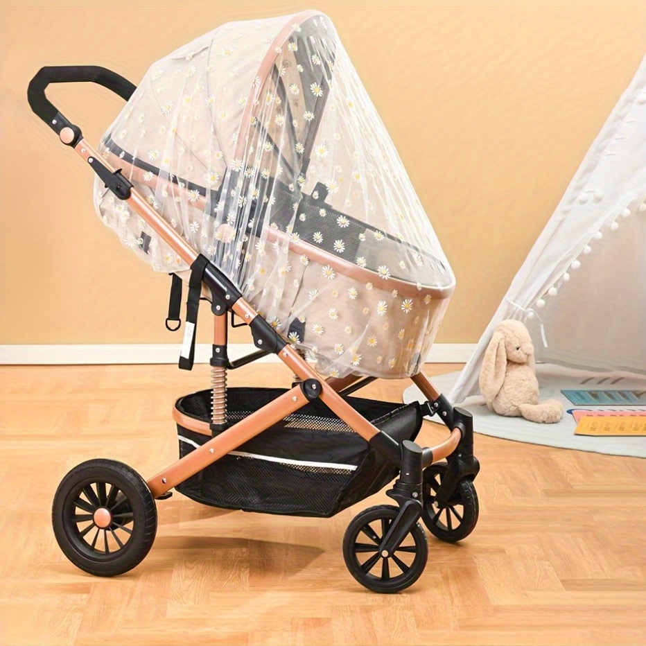 Floral Print Mosquito Net Canopy for Stroller - Large, Durable Polyester Bug-Proof Cover with Black and White Daisy Design, Hand Wash Only, Stroller Covering|Floral Pattern Canopy|Durable Stroller Cover, Stroller Covering