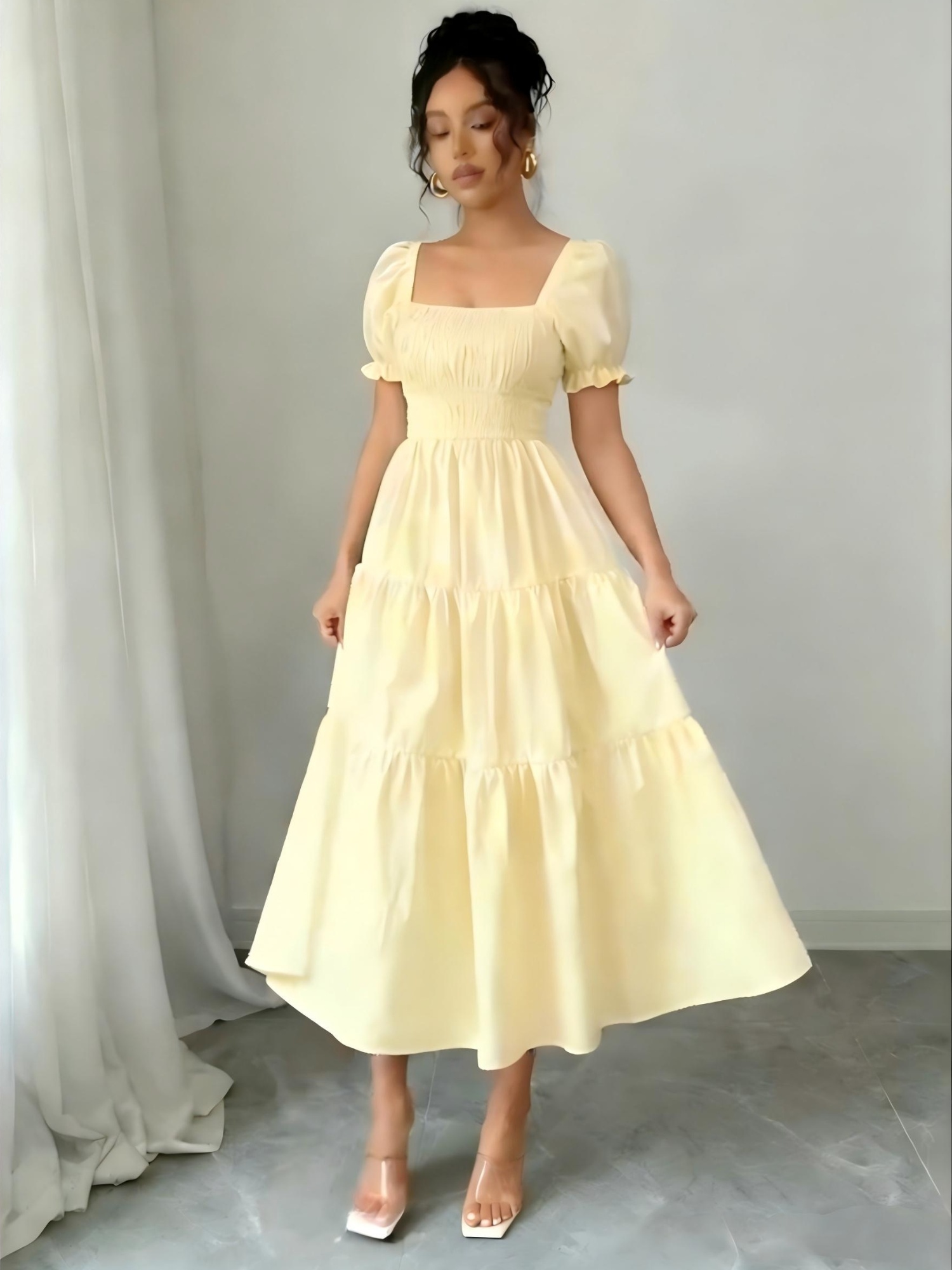 fit n flare summer dresses Yellow Embroidered Fitted Straps Dress – Ohmollydress main image 1
