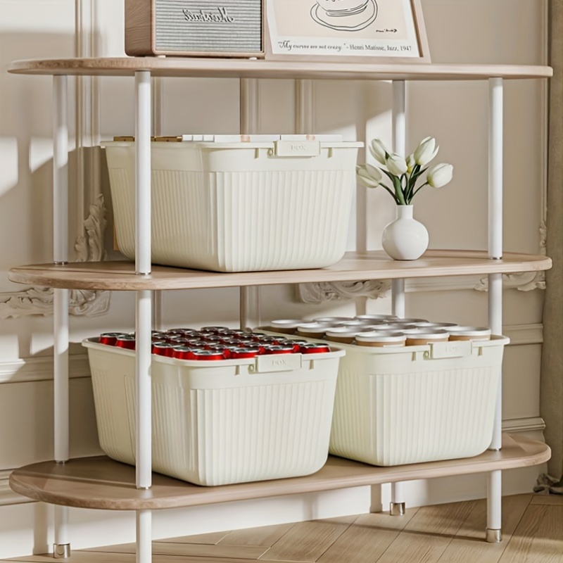 three lidded plastic storage boxes stackable organizing containers with snap seals and handles suitable for home storage for in closets kitchens bedrooms and living rooms in cream yellow measuring 38 5 28 5 18 5cm Product details 2