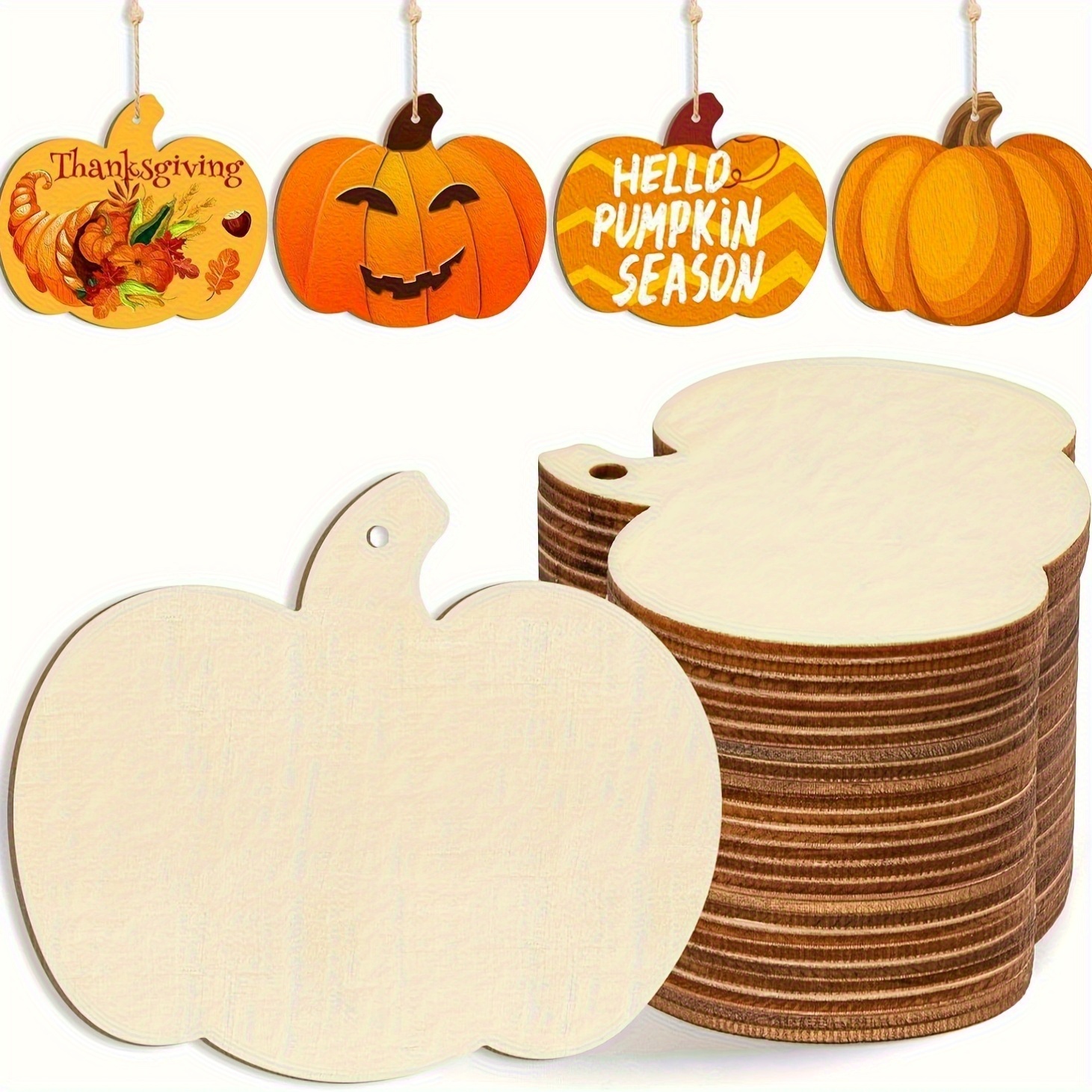 

30pcs Wooden Pumpkin Tags For Diy Crafts - Thanksgiving, , Harvest Festival Decorations, Blank Wood Chips For Holiday Ornaments Without Electricity - Assorted Seasonal Shapes With Hemp Rope