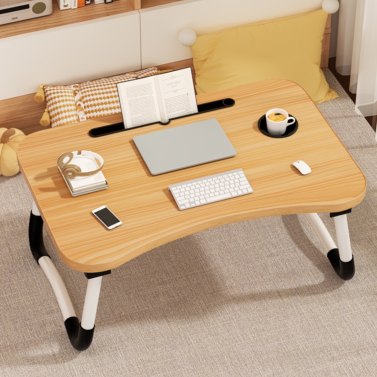 TEMU Tablette de lit pliante pour ordinateur portable, bureau de genou portable avec support de livre et porte-gobelet, plateau de petit-déjeuner