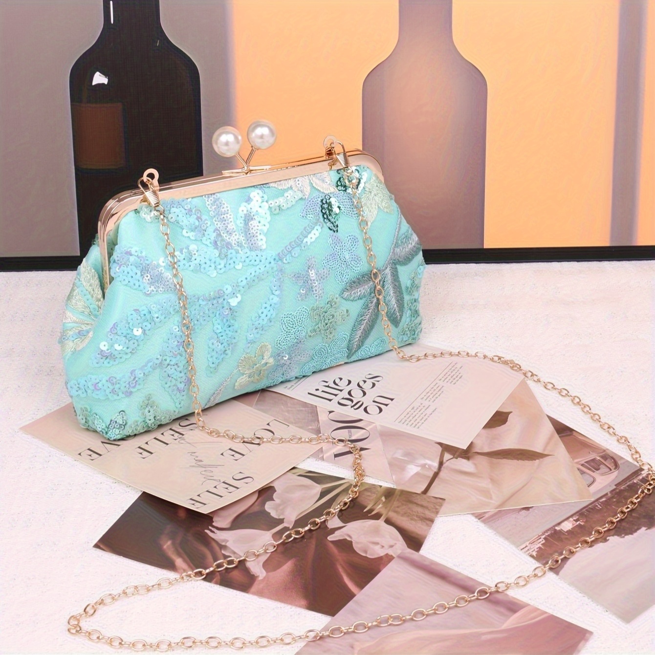 sequin wedding clutch bag teal blue floral Temu Mauritius