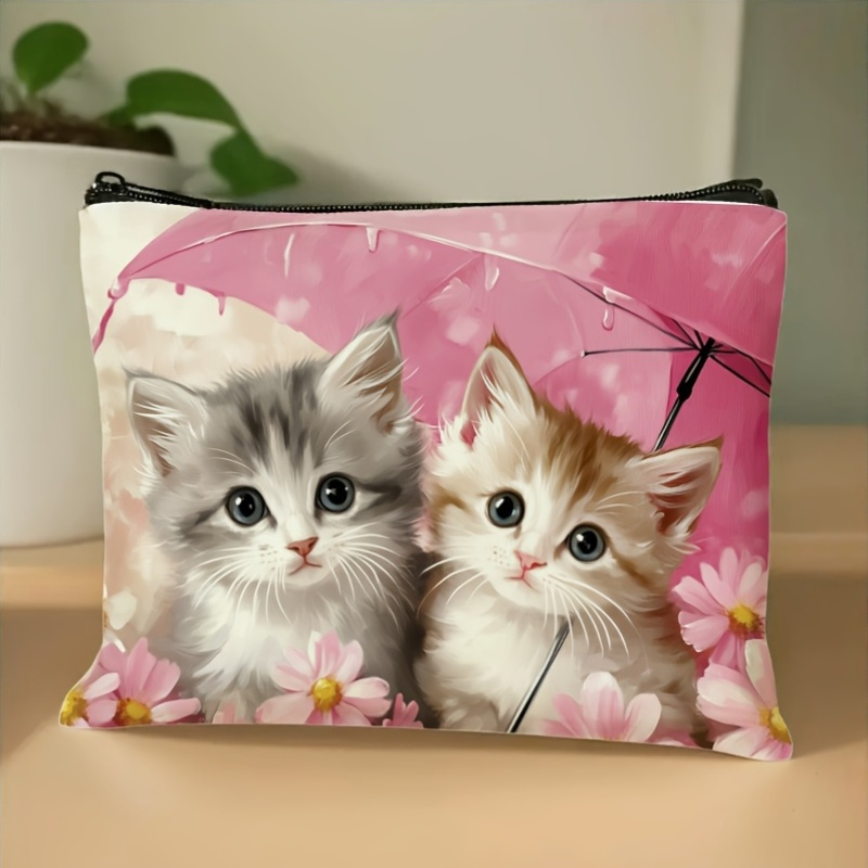 TEMU Cute Cat Umbrella Makeup Bag, Adorable Kitten Design - Durable Fabric Pouch For Daily Use And Shopping, Beige, Ideal For Cat Lovers And