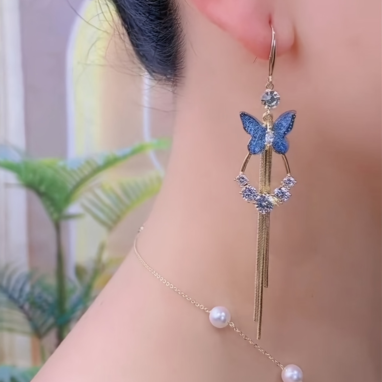 Women's Luxurious Blue Butterfly Tassel Earrings, Exquisite