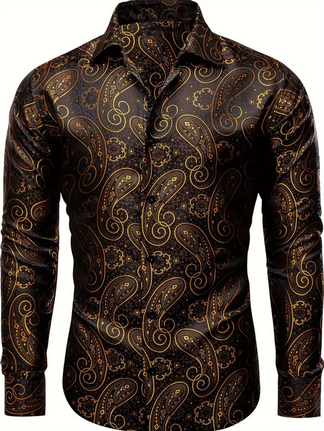 men's black golden floral pattern dress shirt - long sleeve, button-up,  non-stretch fabric, elegant lapel collar, wear, formal or stylish outfits,  formal attire | floral pattern shirt | sophisticated style, dress shirt |