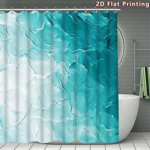 صورة العنصر ستارة حمام فنية مجردة مسطحة ثنائية الأبعاد، قطعة واحدة، زرقاء وبيضاء، خيارات متعددة الأحجام (80 سم، 120 سم، 150 سم، 180 سم، 180 سم، 240 سم) تتضمن خطافات، للحمام، هدية عيد ميلاد، أفضل هدية للعائلة