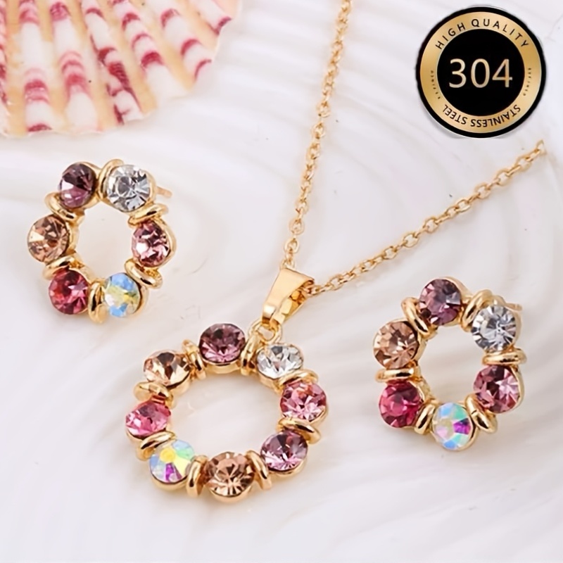 TEMU A Set Of 304 Stainless Steel Colored Flash Garland Two-piece Set | Light Luxury Niche Elegant Temperament Jewelry | Exquisite Versatile Style |