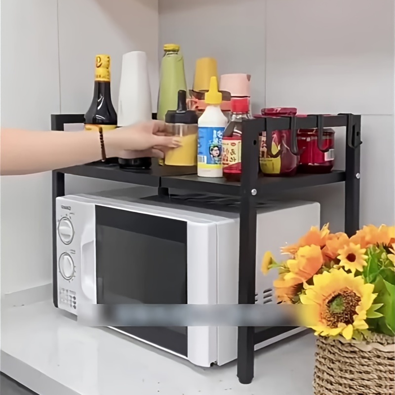 1pc Triangle Shelf with Hooks, Expandable Metal Microwave Oven Rack - Vertical Countertop Storage Rack for Toaster Oven, Air Fryer, Rice Cooker And Other Appliances - Easy to Install, Sturdy Metal Construction, Space-Saving Design