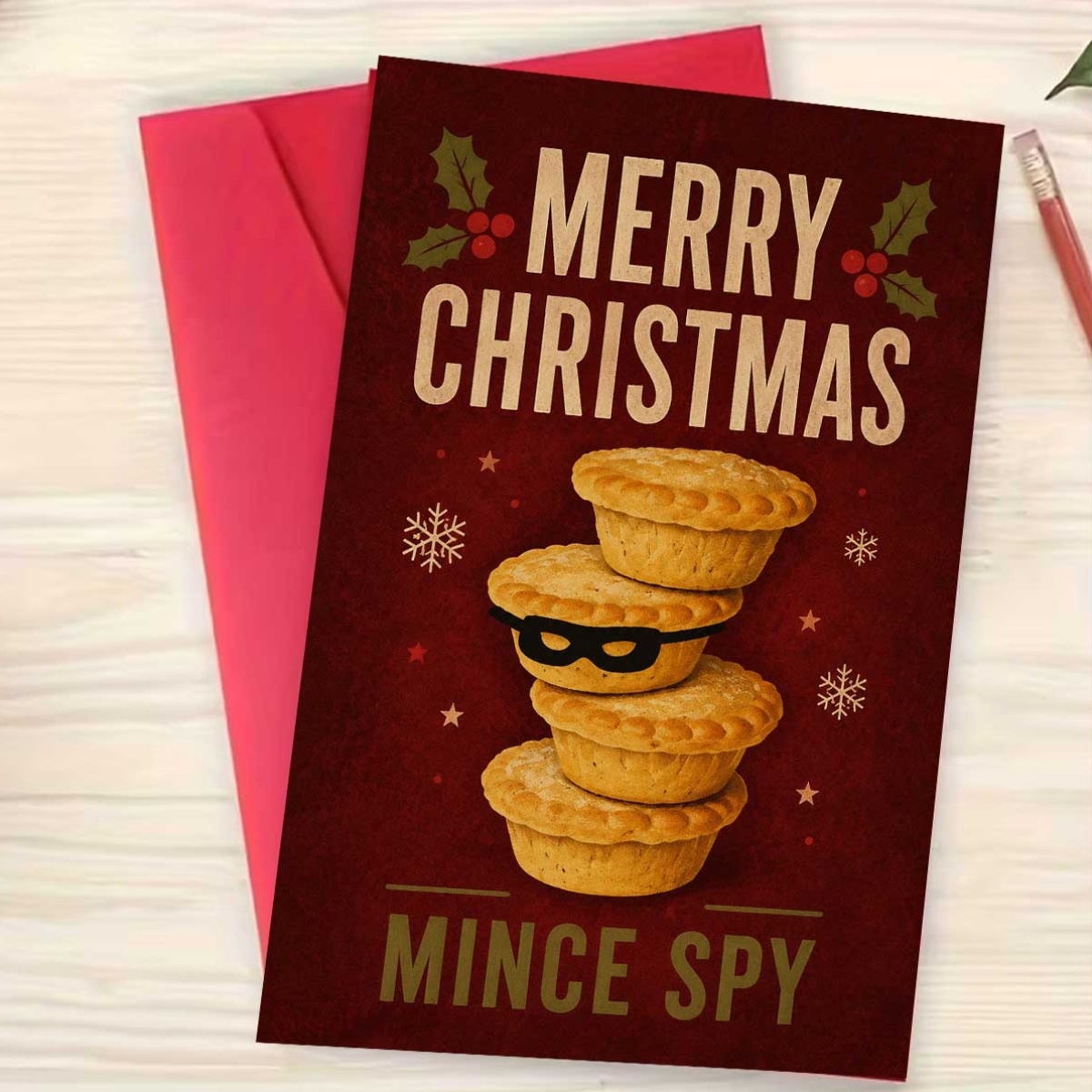 item picture 1  creative meat pie christmas card   background with stacked meat pies wearing black eye masks snowflakes and stars merry christmas and mince   text suitable for friends with envelope