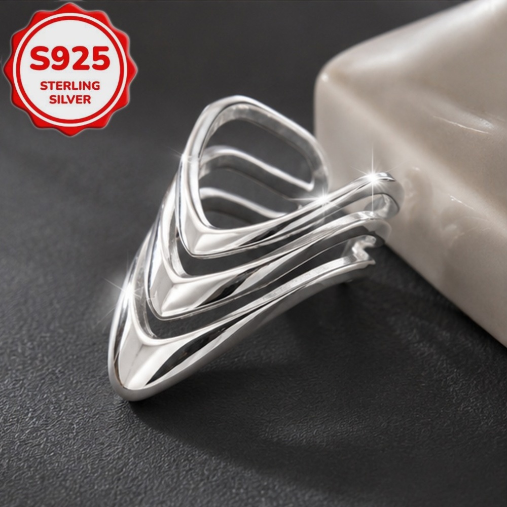 Women's S925 Silver Multi-Layer V-Shaped Statement Ring, Adjustable