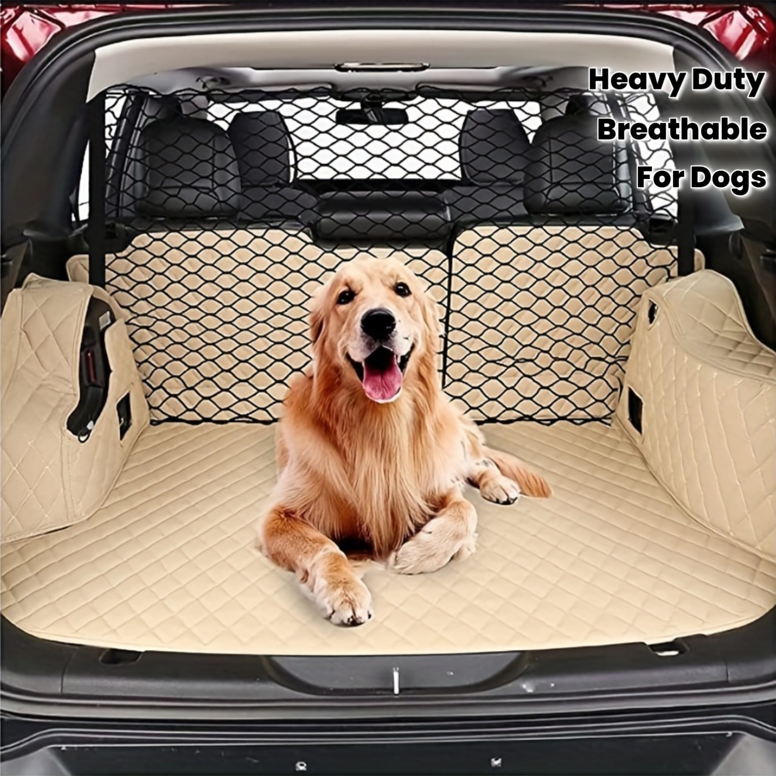 a heavy duty adjustable nylon pet car barrier suitable for suvs and sedans featuring a   with breathable mesh for safety   durable rear seat dog protection barrier designed for use with dogs