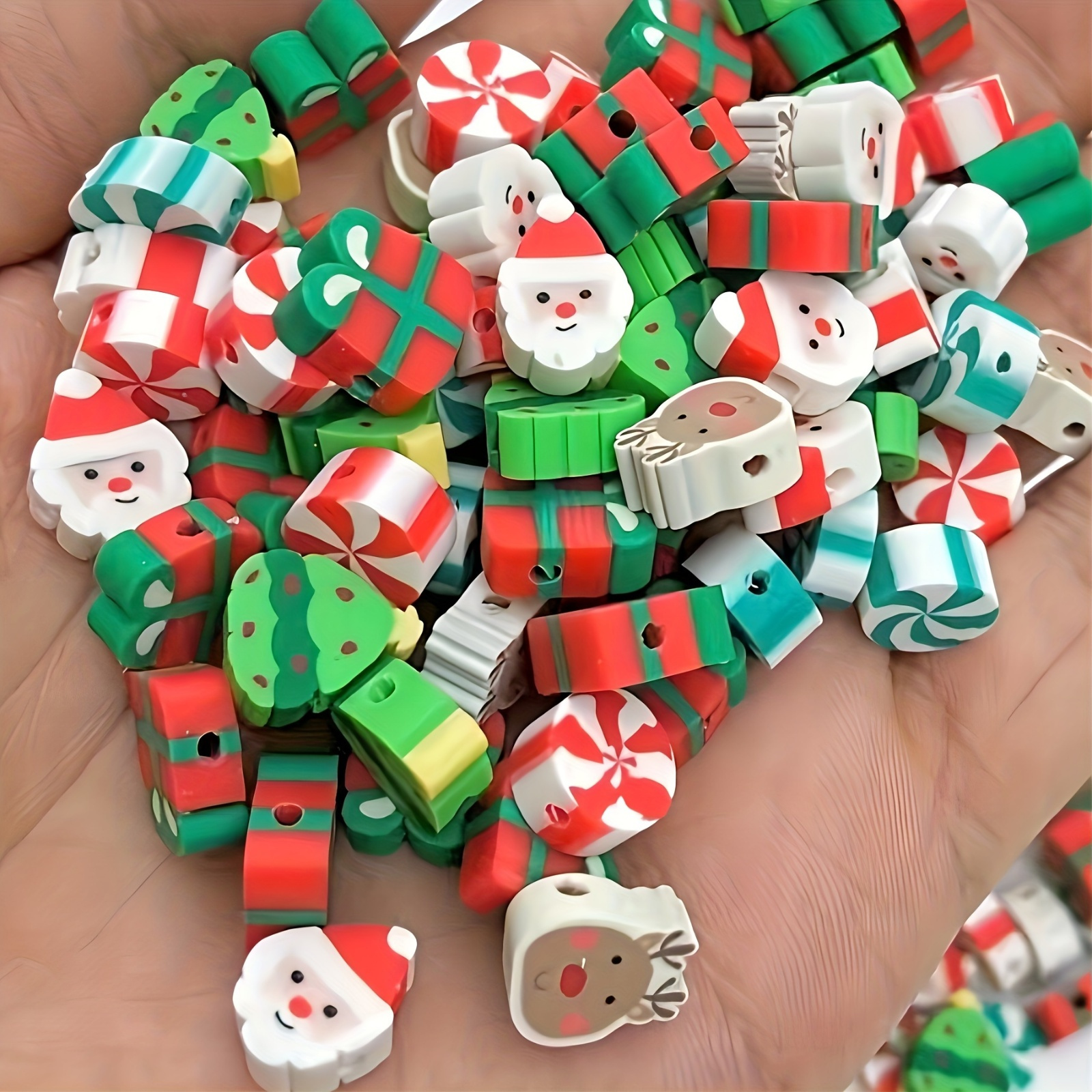 

/50pcs 9-11mm Christmas Soft Clay Beads Set For Making Assorted Santa Claus, Candy Cane, Gift Box, Snowman, Christmas Tree Beads For Bracelets, Earrings, Necklaces Crafting