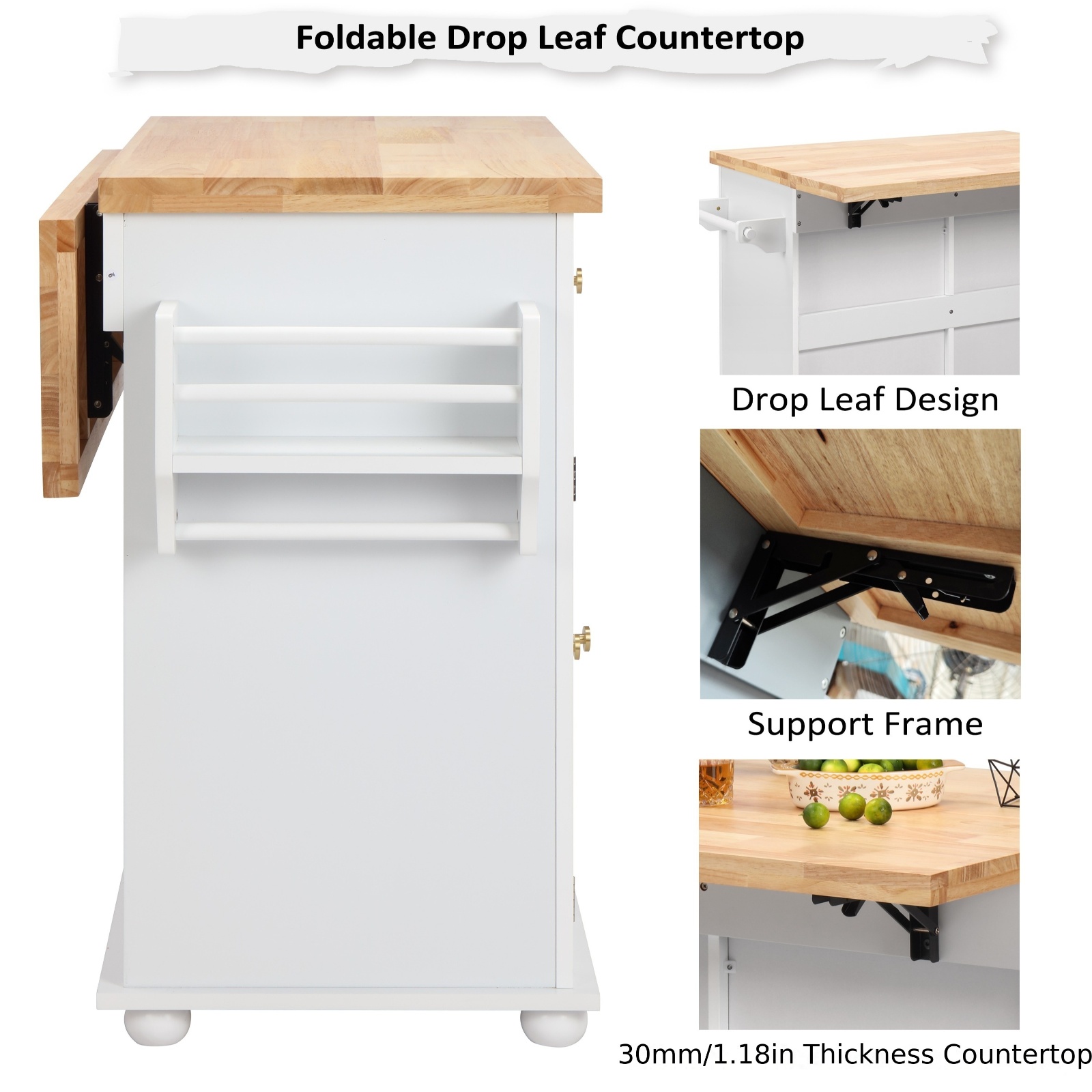 Rolling Kitchen Island with Drop Leaf, Thicken Rubberwood Top, Spice Rack, Towel Rack, Drawer, 43.3