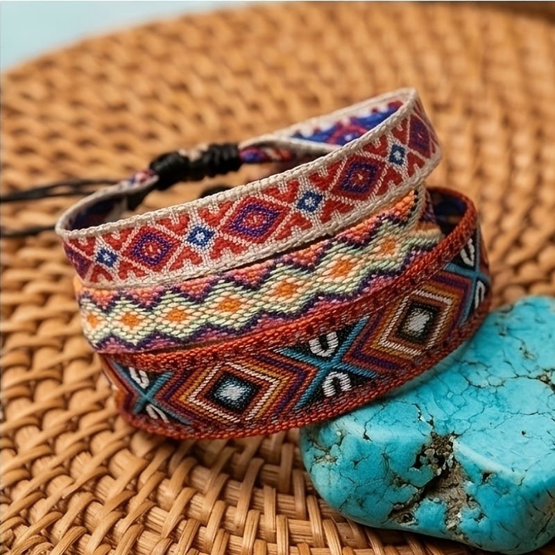 3pcs Handmade Woven Contrast Bracelet Set, Bohemian Style