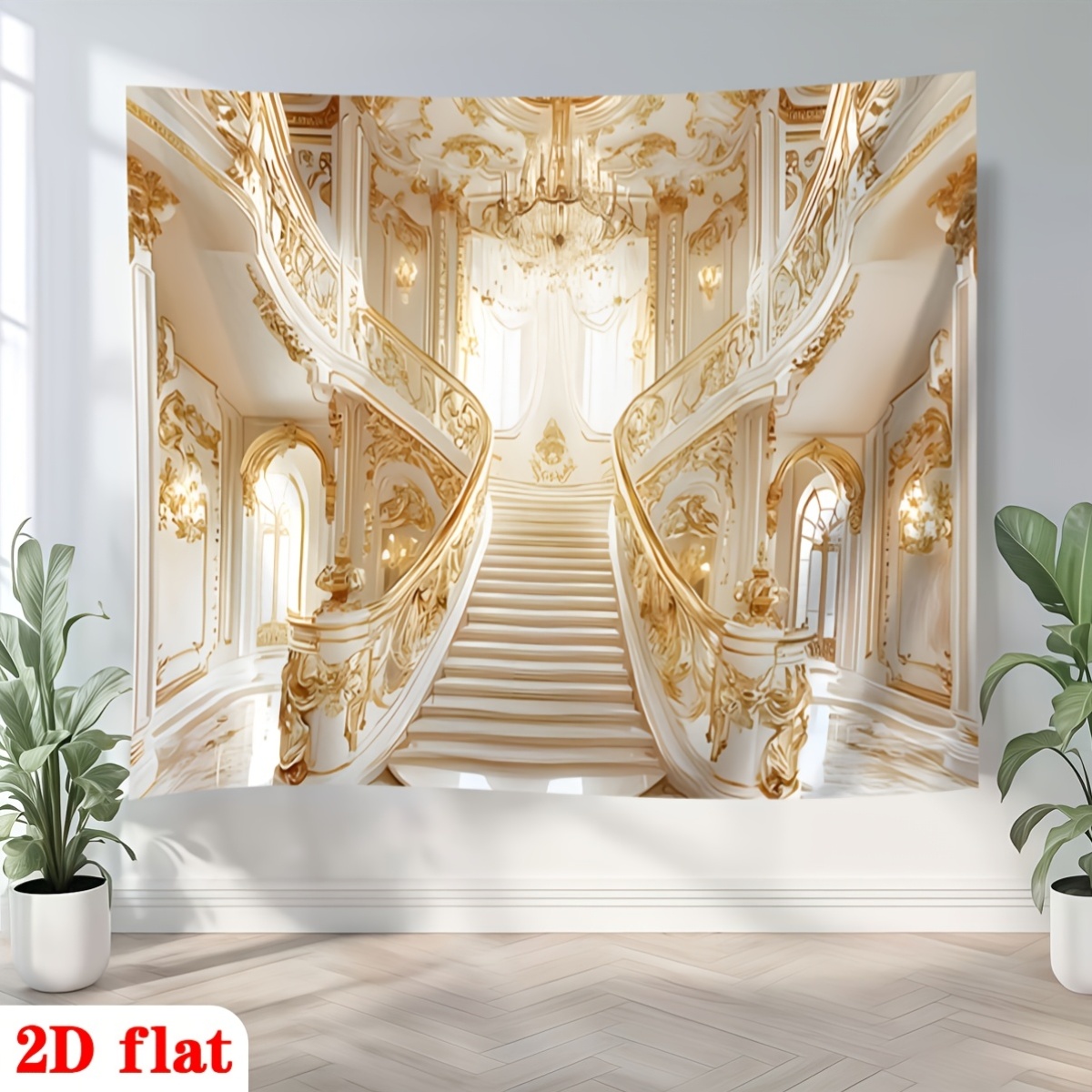Golden Ornate Staircase White Marble Chandelier Backdrop Banner for Parties