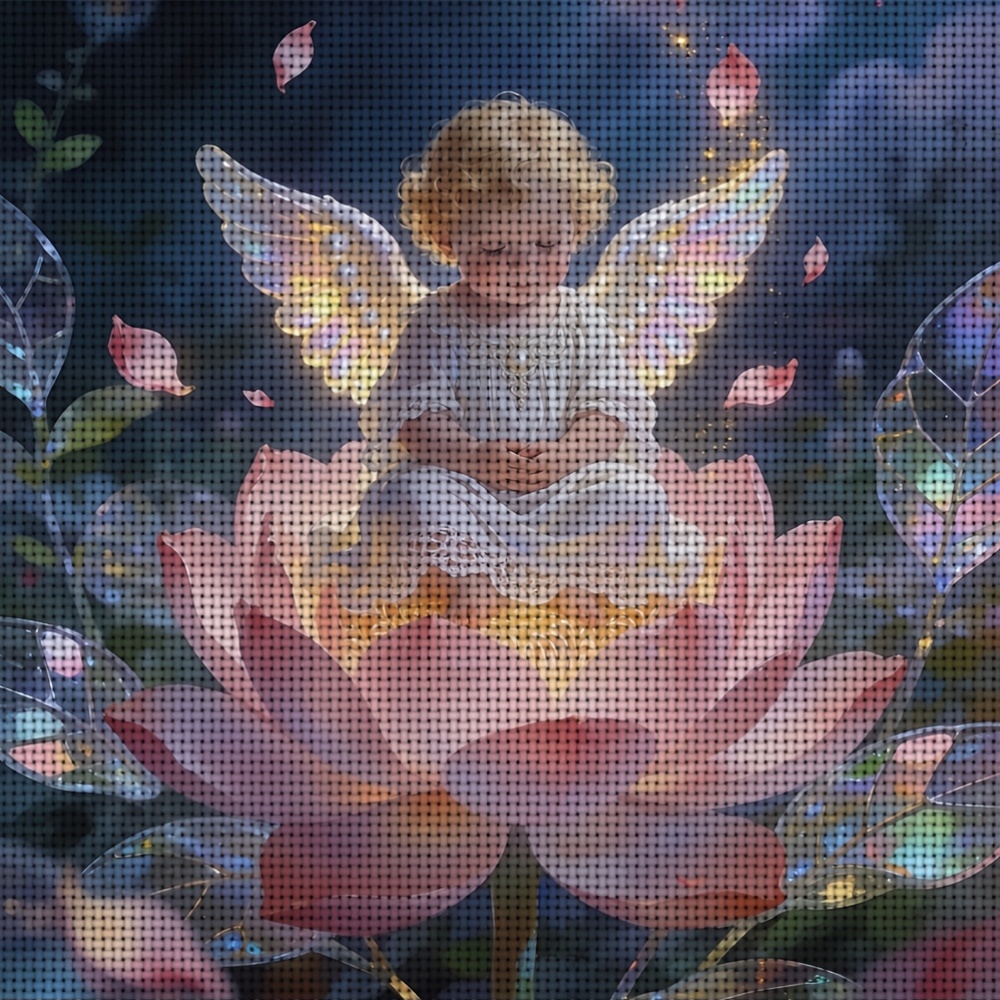 Frameless Cross Stitch Printed Kit, Angel Sitting on Lotus Pattern