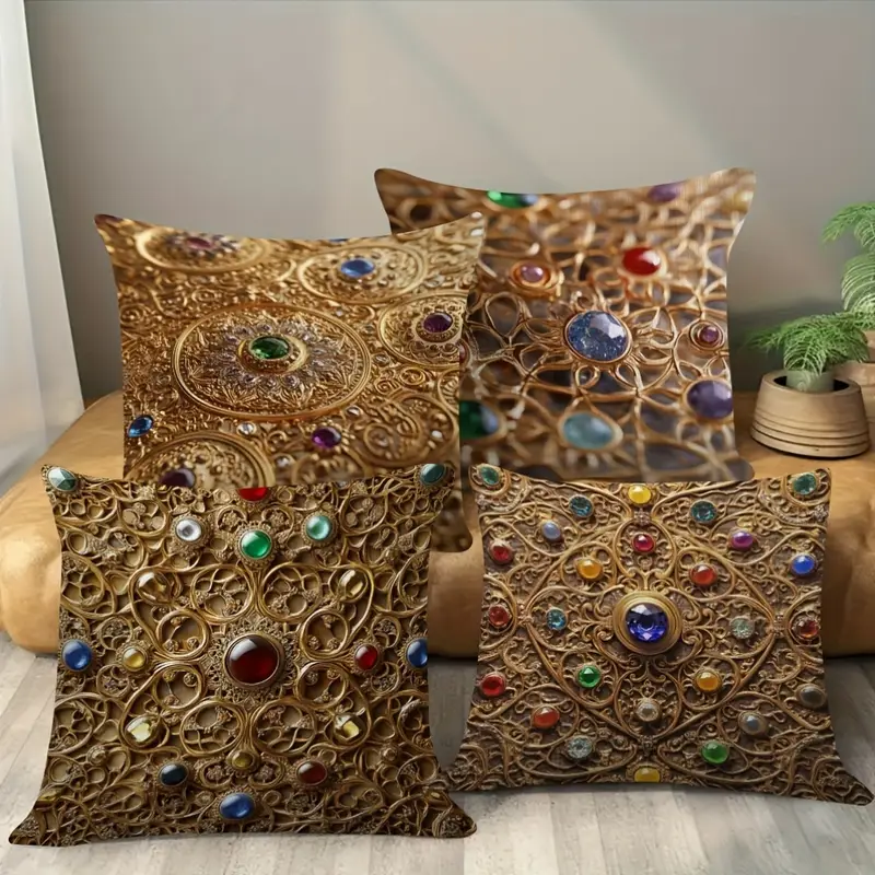 4pcs persian gemstone polyester pillow covers high quality 2 sided print no tassels or embroidery hidden zipper soft durable for living room couch or bedroom decor couch decor elegant pillow covers smooth texture Product details 1