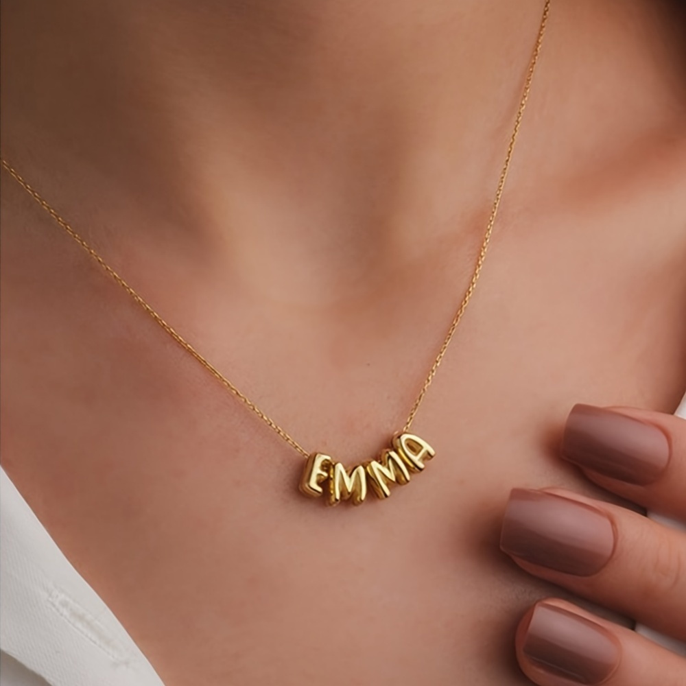 Golden Tone 3D Bubble Name Necklace Personalized Initial Charm Jewelry