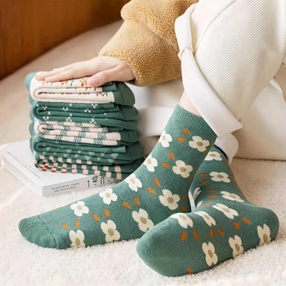 

6 Paires de Chaussettes en Coton Épaisses pour Femmes, Imprimé Floral Vert , Chaussettes de Marche Confortables et Chaudes pour /Hiver, Lavable à la Main ou , Chaussettes Courtes Tricotées pour Dames