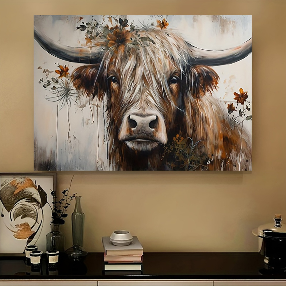 TEMU 2d Flat, 2d Flat, 2d Flat Framed Canvas Wall Art Featuring A Highland Cow, Ideal For Inspiration To Your Bedroom, Kitchen, Living Room, Office,