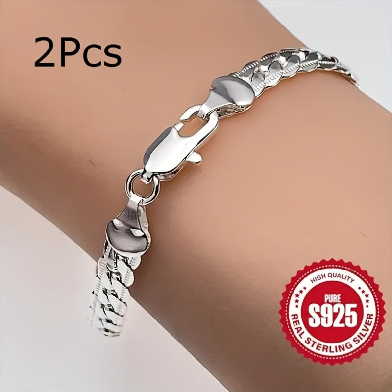 

2pcs 925 Sterling Silver Braided Bracelets, 7.48 Inches, Bohemian Elegant Style, Fashion Daily Accessory, Perfect Gift For Women, Unisex Jewelry