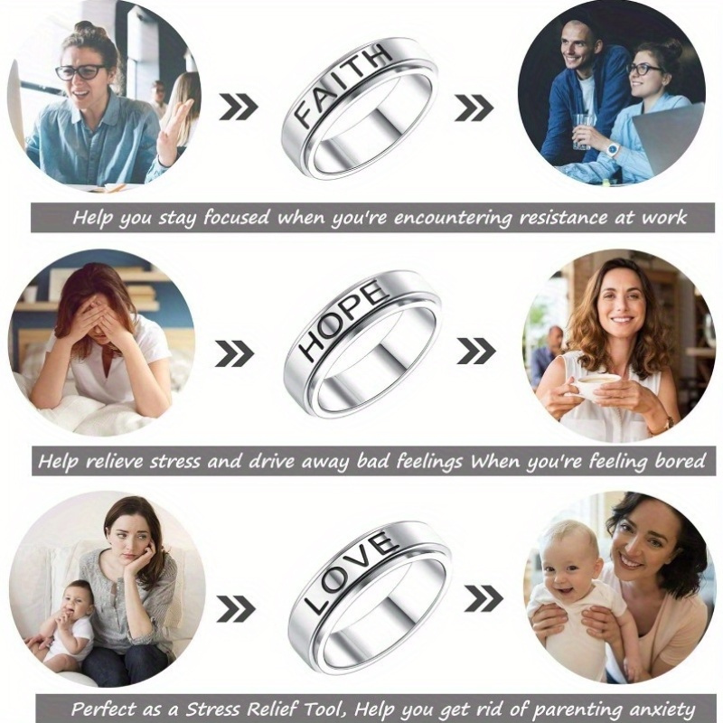3pcs stainless steel fidget spinner rings set for women men fidget band cool rings 6mm wide love faith   inspirational wedding pormise band ring set Product details 6