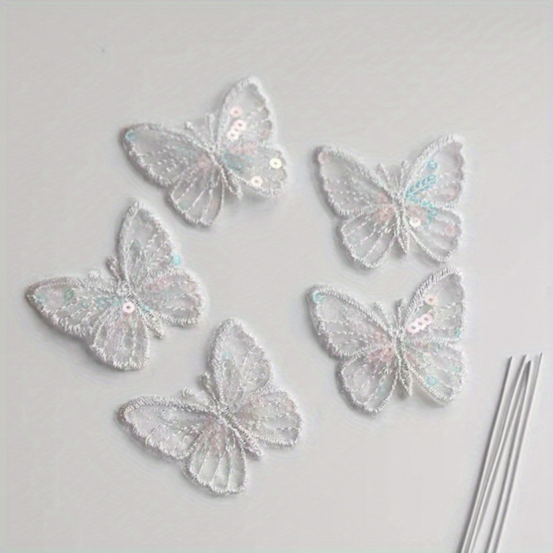 

5pcs White Sequin Embroidered Butterfly Appliqué For Baking Cake Decoration, Headwear, Hairpin, Gifts, And Clothing Accessories