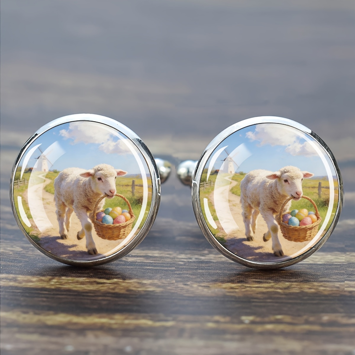 Cufflinks with Glass Inlay Sheep Holding Easter Basket