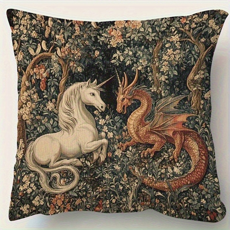 TEMU 1pc Whimsical Medieval Style Pillowcase, Printed With Unicorn And Dragon Design, Machine Washable, Zipper Closure, Suitable For Living Room,
