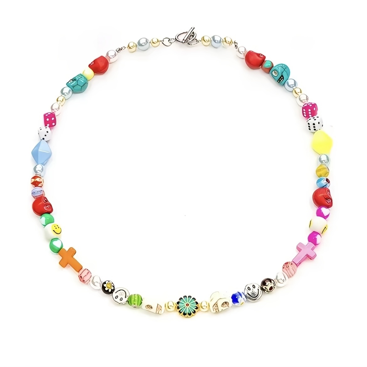 Small Daisy Skull Cross-Colored Patchwork Necklace