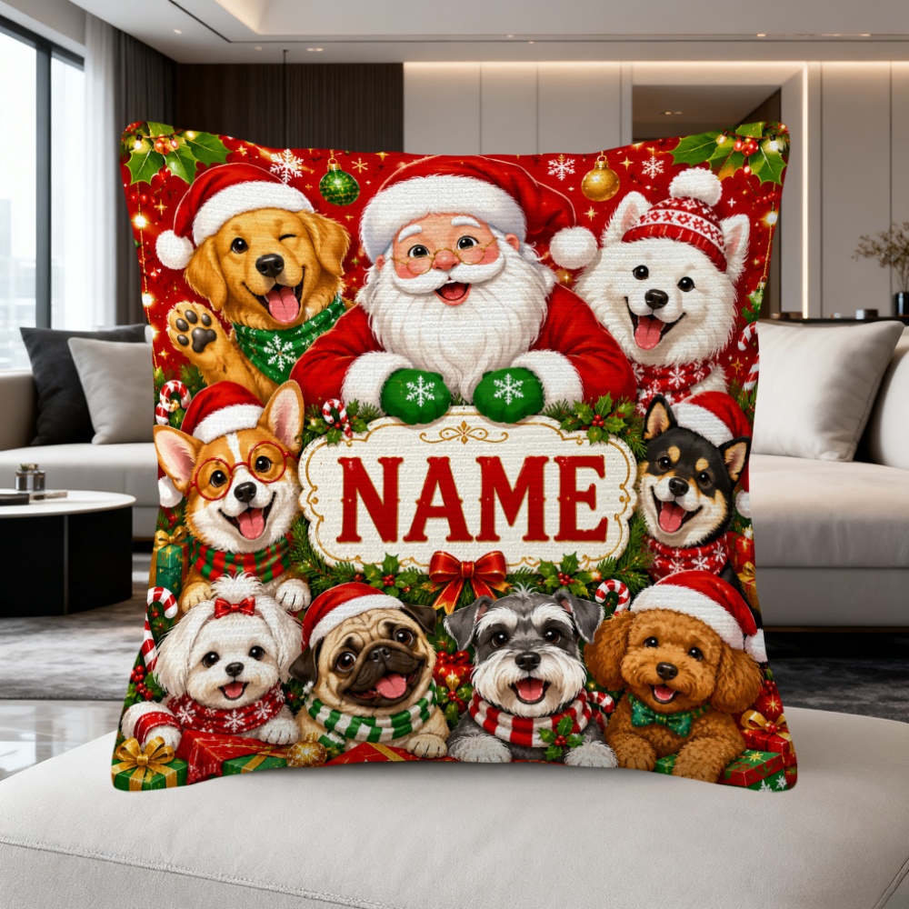 TEMU Customized 1pc Christmas-themed Name Pillowcase, Personalized Name-decorated Cushion Cover, Holiday-themed Pillowcase, Dog And Santa Claus
