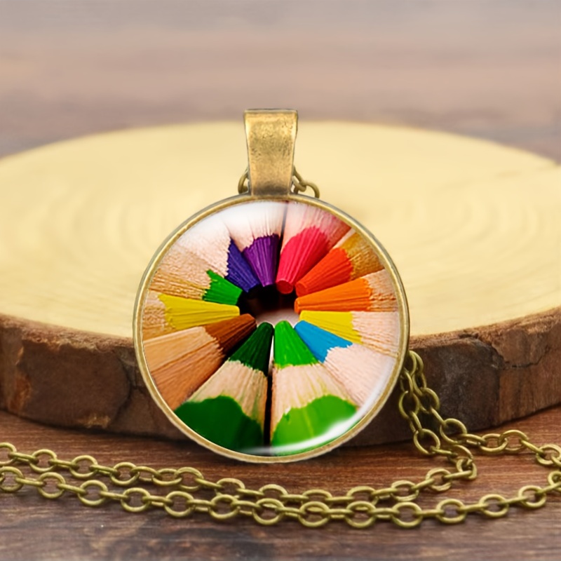 Classic Brown Metal Chain Necklace with Colorful Patterns