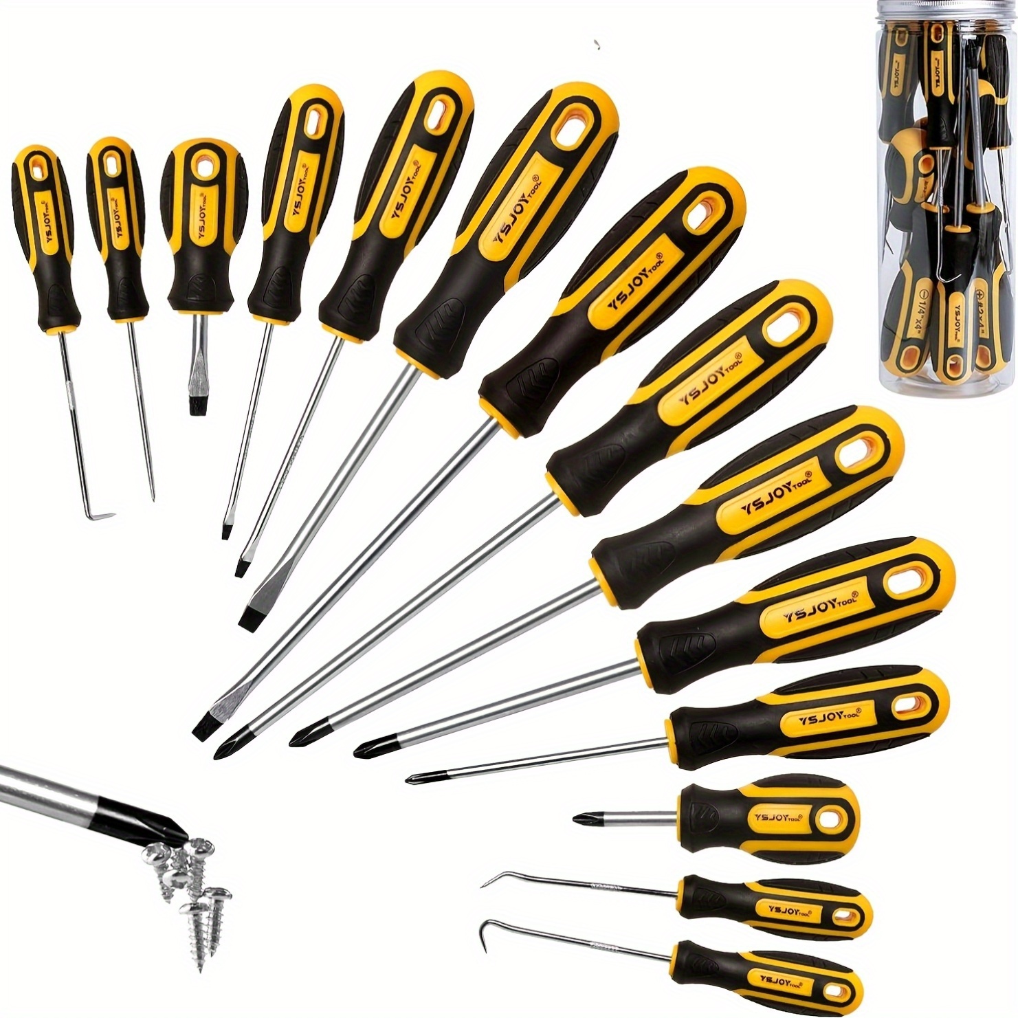 

14pcs Screwdriver Set With Magnetic Tips, Metal Construction, & Drivers, Multi- Pick & Hook Tools - Handheld Tool Kit With Storage Cylinder