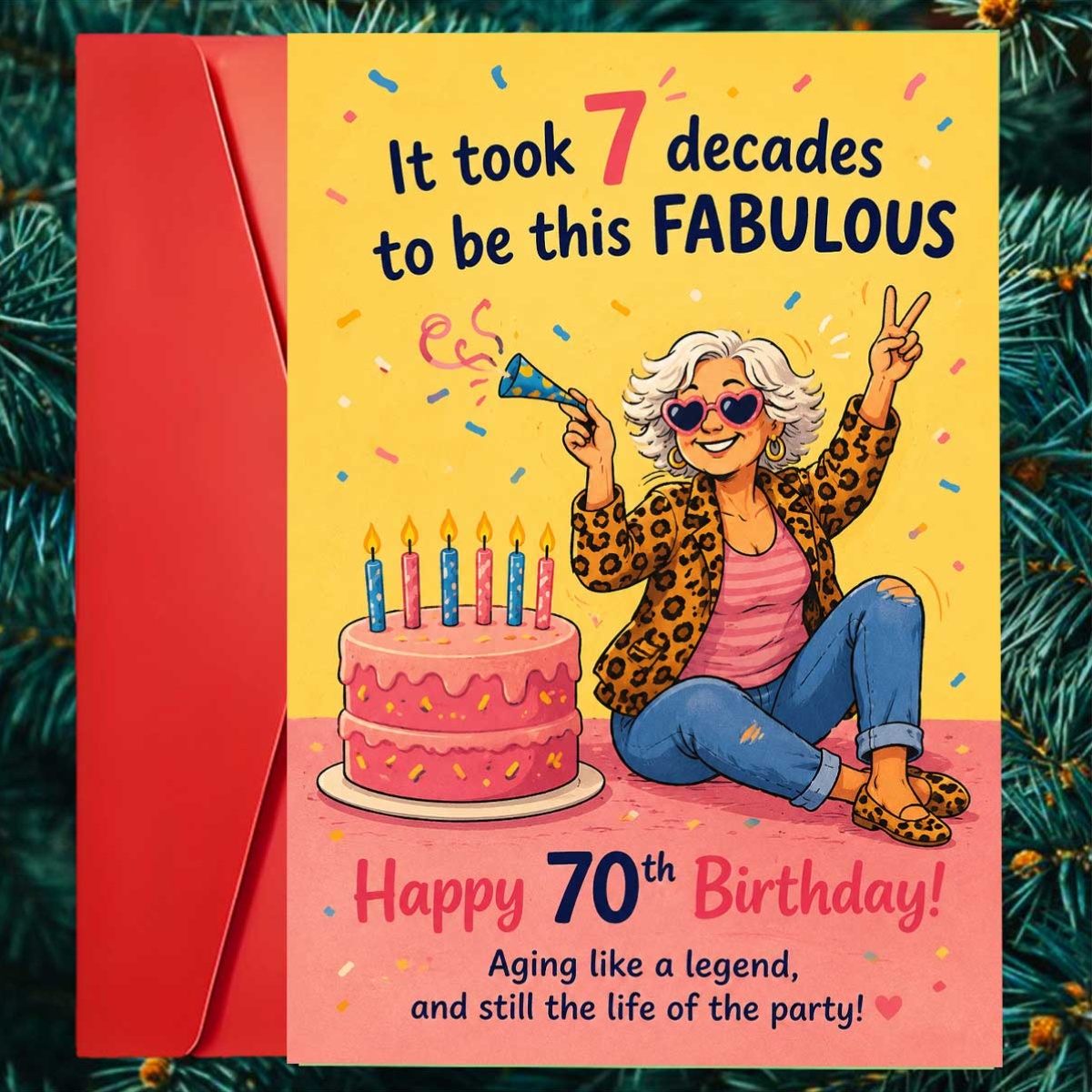 TEMU 1pc Greeting Card And 1pc Envelope. 2d Flat Vibrant Fashion Women's Birthday Card, It 7 To Wonderful, Happy 70th Birthday, Lady With Cake,