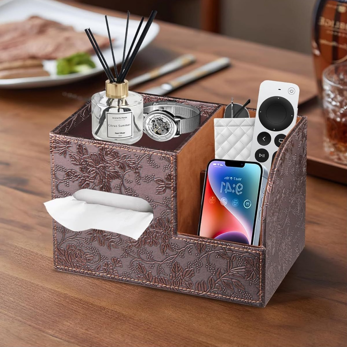 modern   leather tissue box cover with storage tray stylish facial paper organizer for bathroom vanity or nightstand   remote control holder and perfume bottle bathroom organizers and storage Product details 1